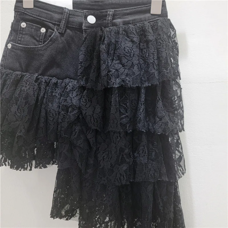 Black Irregular Patchwork Lace Mini Skirt - Women's 2026 Summer New Arrival - Stretch A-line Cake Skirts, Black Color