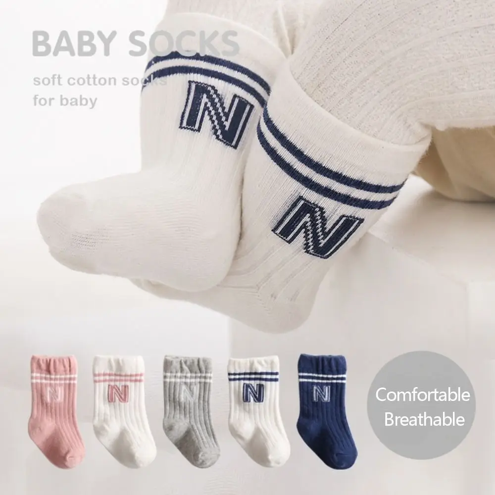 

Fashion Breathable Boneless Baby Socks Letter Printed Solid Color Socks Elastic Cotton Newborn Stockings Toddler