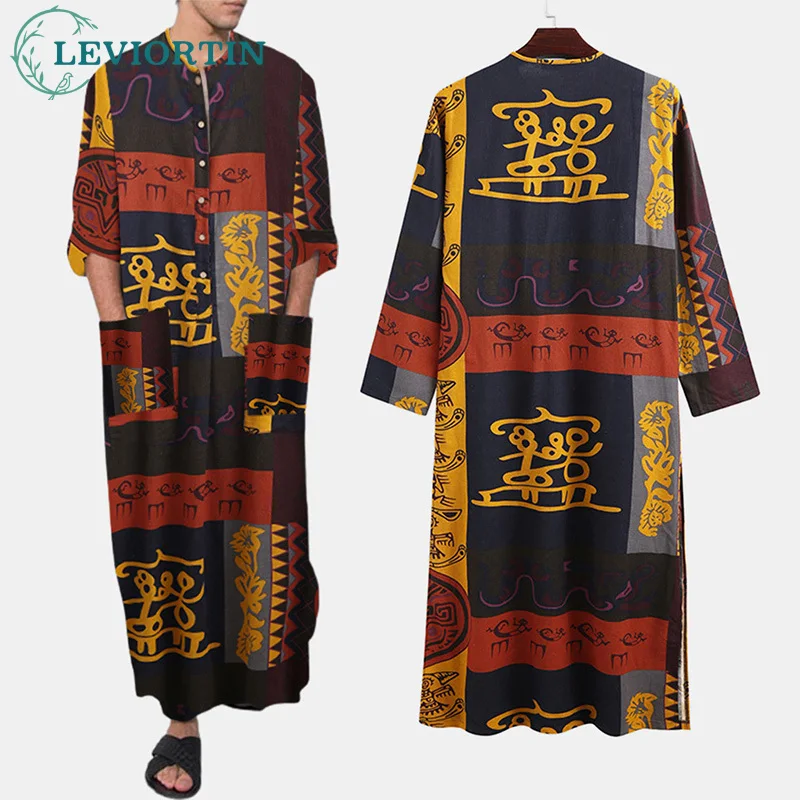 Casual African Kaftan Homme Muslim Robes Ethnic Print Long Sleeve Cotton Pockets Robes Islamic Arab Kaftan Men Dubai Abaya 2023