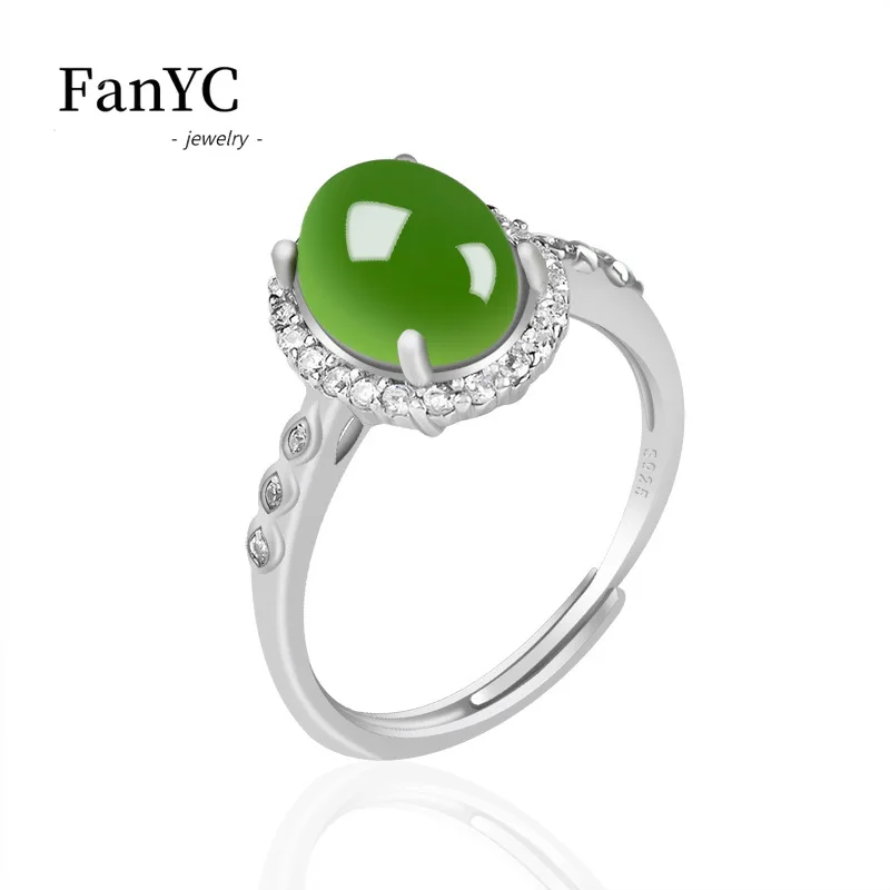 

Natural Hetian Jade Jasper Spinach Green Egg Side Ring S925 Silver Set Fashion Delicate Adjustable Jade Ring Ladies Gift