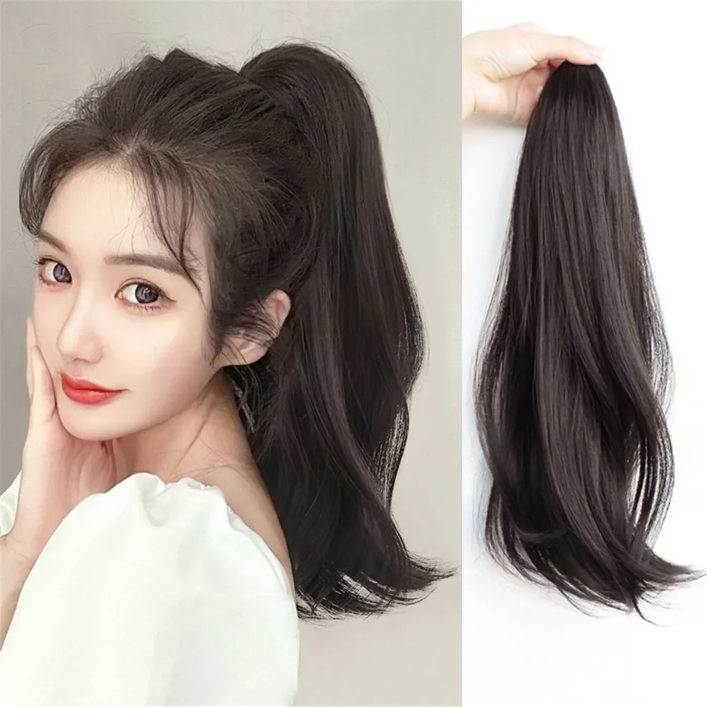 45cm Long Straight Synthetic Ponytail Wig Bandage Style Natural Look Hair Extensions Curly Hairpiece for Women Daily Styling