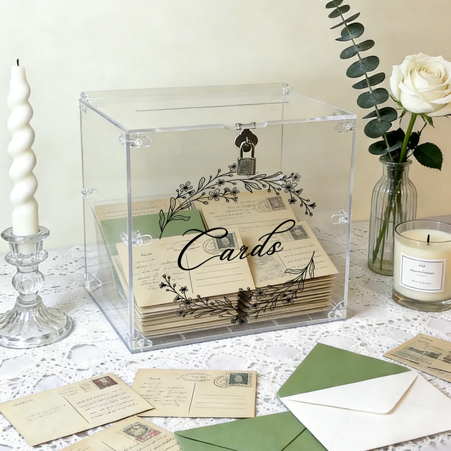 

Акриловые коробки для свадебных открыток с замком, дизайн с цветочным венком, коробки для открыток на свадьбу, свадебный прием, детский праздник, день рождения