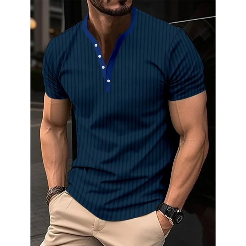 Men's Monochromatic Rib Fabric Casual ButtonVCollar Slim-Fit Short SleeveTT-Shirt, 2024's