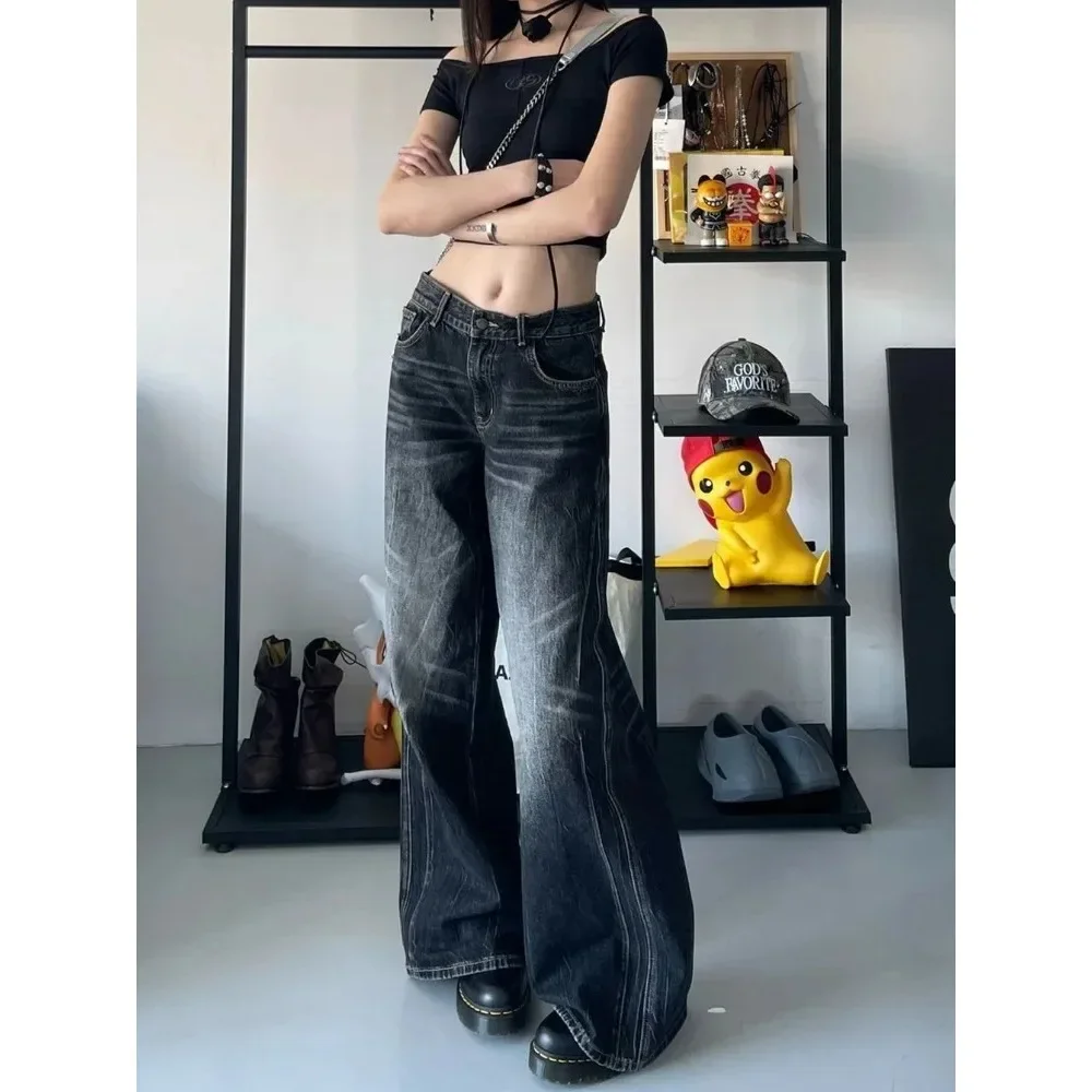 

Jeans Flare Pants Full Length Mid Waist Denim Vintage Distressed Pockets Loose Fit Washed Spliced Solid Punk Bleached Women