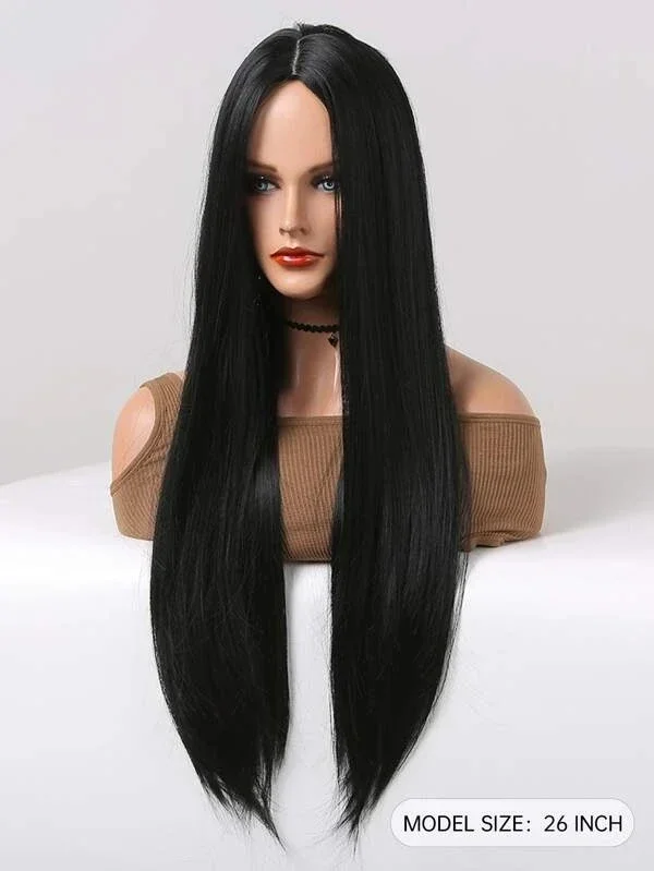 Black Long Straight Synthetic Wig for Women Middle Part Hairline Natural Looking Daily Party Wear Full Wig 26 Inches Daily Party