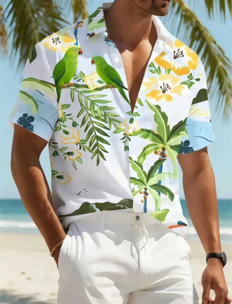 Stilvolles, exquisites, lebendiges, exotisches, tropisches, mit Vogelmuster bedrucktes Kurzarmhemd für Herren, lässige Mode für den täglichen Freizeit- und Urlaubsgebrauch
