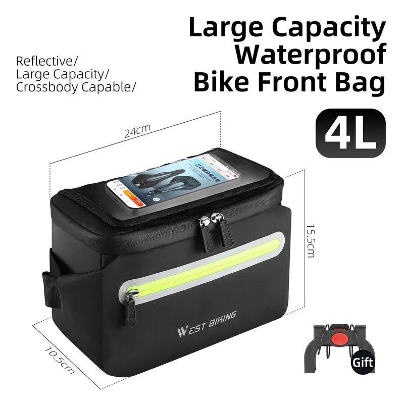 WEST BIKING Waterproof Bike Front Frame Bag Touch Screen MTB Bicycle Phone Holder EVA Handlebar Bags Cycling Front Storage Bag