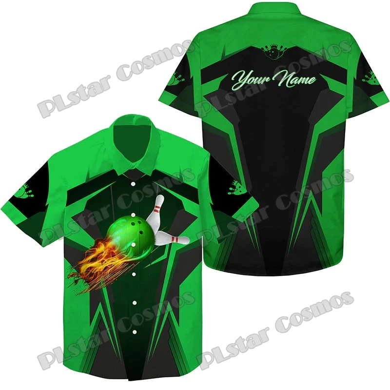 Vlam Bowling Bal En Spelden Custom 3d Geprint Heren Hawaiiaans Shirt Zomer Unisex Casual Korte Mouw Button-Down Shirt Sh17