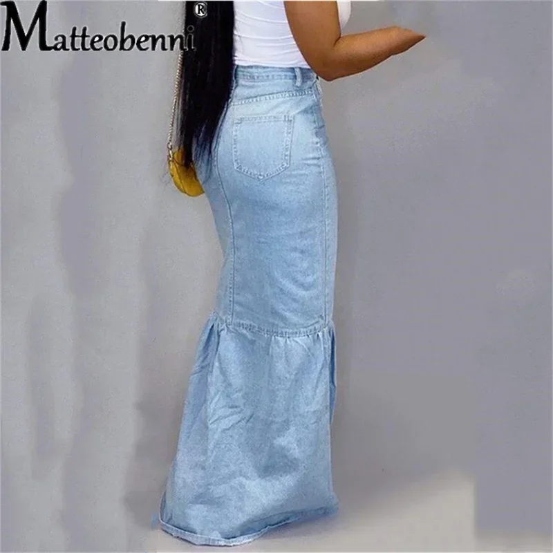 2024 Nieuwe Fishtail Denim Rok Vrouwen Mid-Kalf Zeemeermin Trompet Lange Rok Ruche Breasted Empire Sexy Hoge Taille elastische Rok