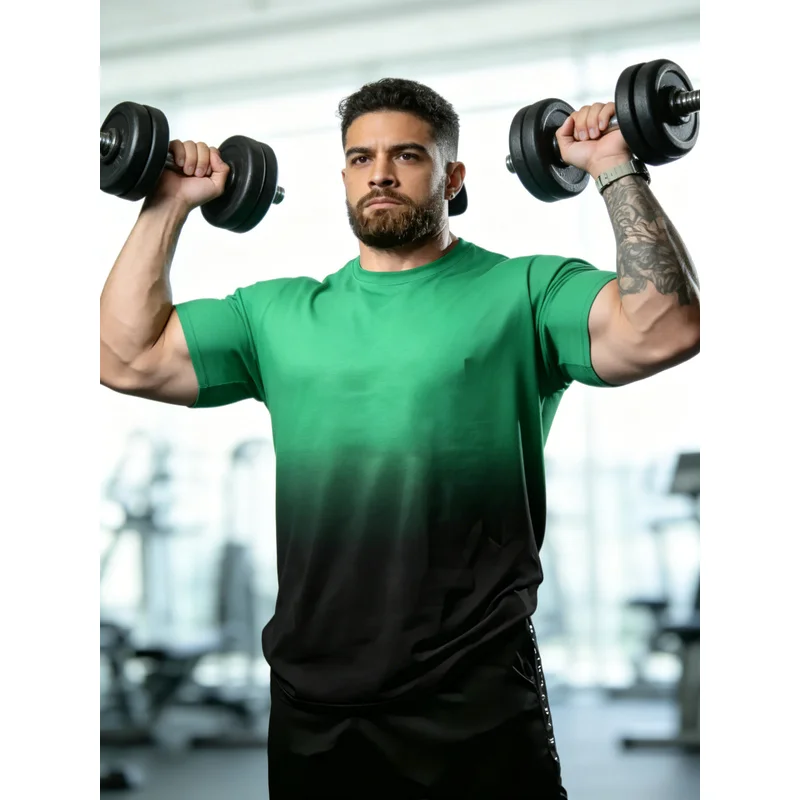 Men's Green Black Gradient Short Sleeve T Shirt Breathable Crew Neck Regular Fit Ombre Color Transition Slightly Elastic Casual