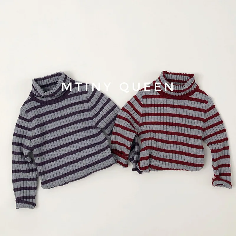 

Autumn Winter New Children Long Sleeve Turtleneck Sweater Girls Striped Simple Bottoming Shirts Baby Knitted Tops Kids Clothes