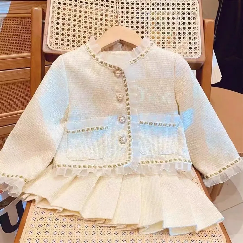 2024 Spring and Autumn New Girl\'s Small Fragrance Set Mesh Spliced Coat Pleated Skirt Two Piece Set for Girls Kids Outfits