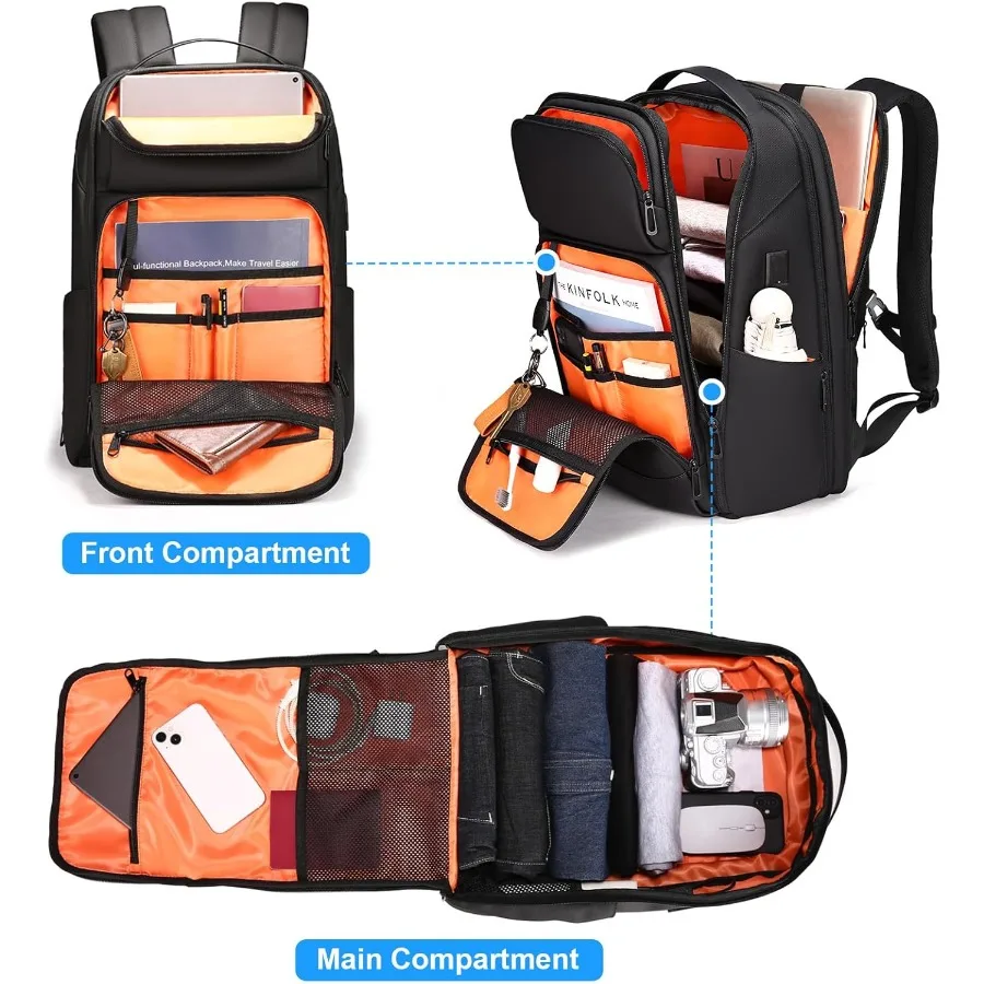 FENRUIEN 17 Inch Travel Backpack for Men Expandable Water Resistant Computer Backpack with USB Port Black Laptop Bag for Busine