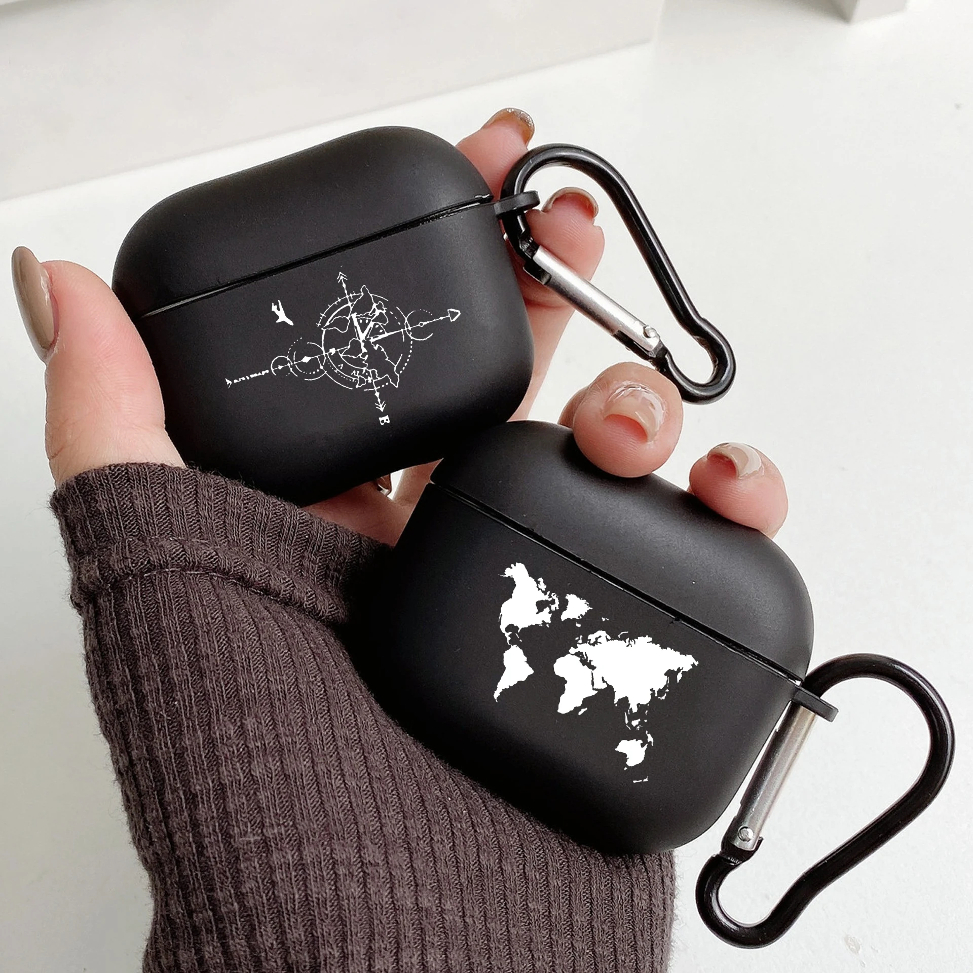 Travel Map Design With Hook Case For AirPods 2 3 1 Cases For Apple AirPods Pro 2 Coque Wireless headphones Black TPU Soft Cover