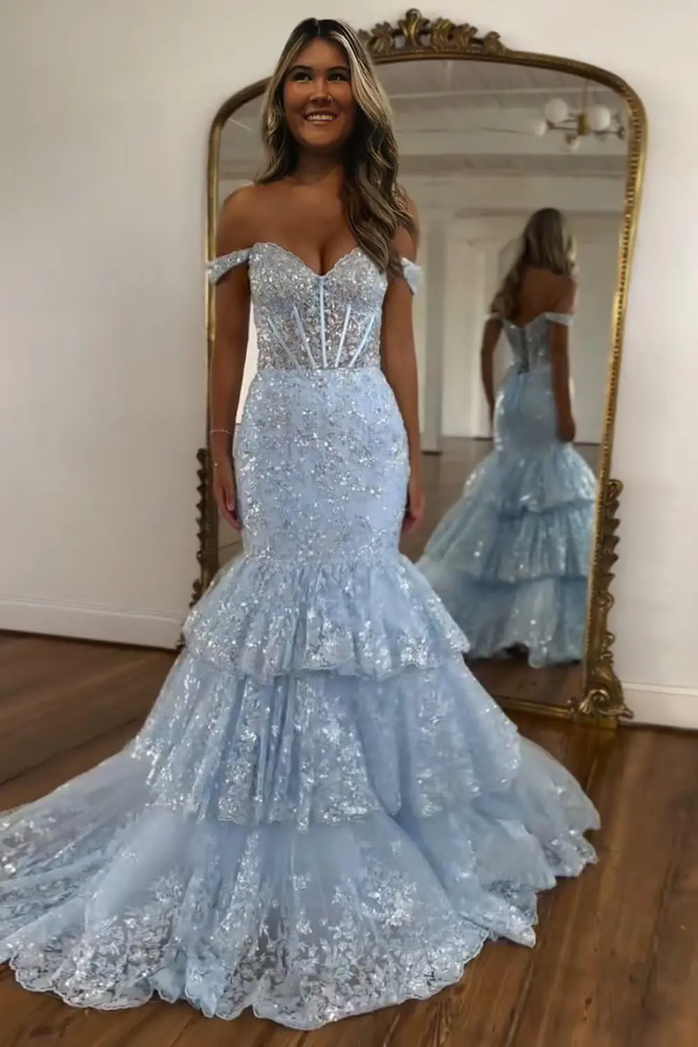 

Tiered Tulle Mermaid Prom Wedding Dress Long Ball Gown Appliques Sequin Off Shoulder Formal Evening Dress