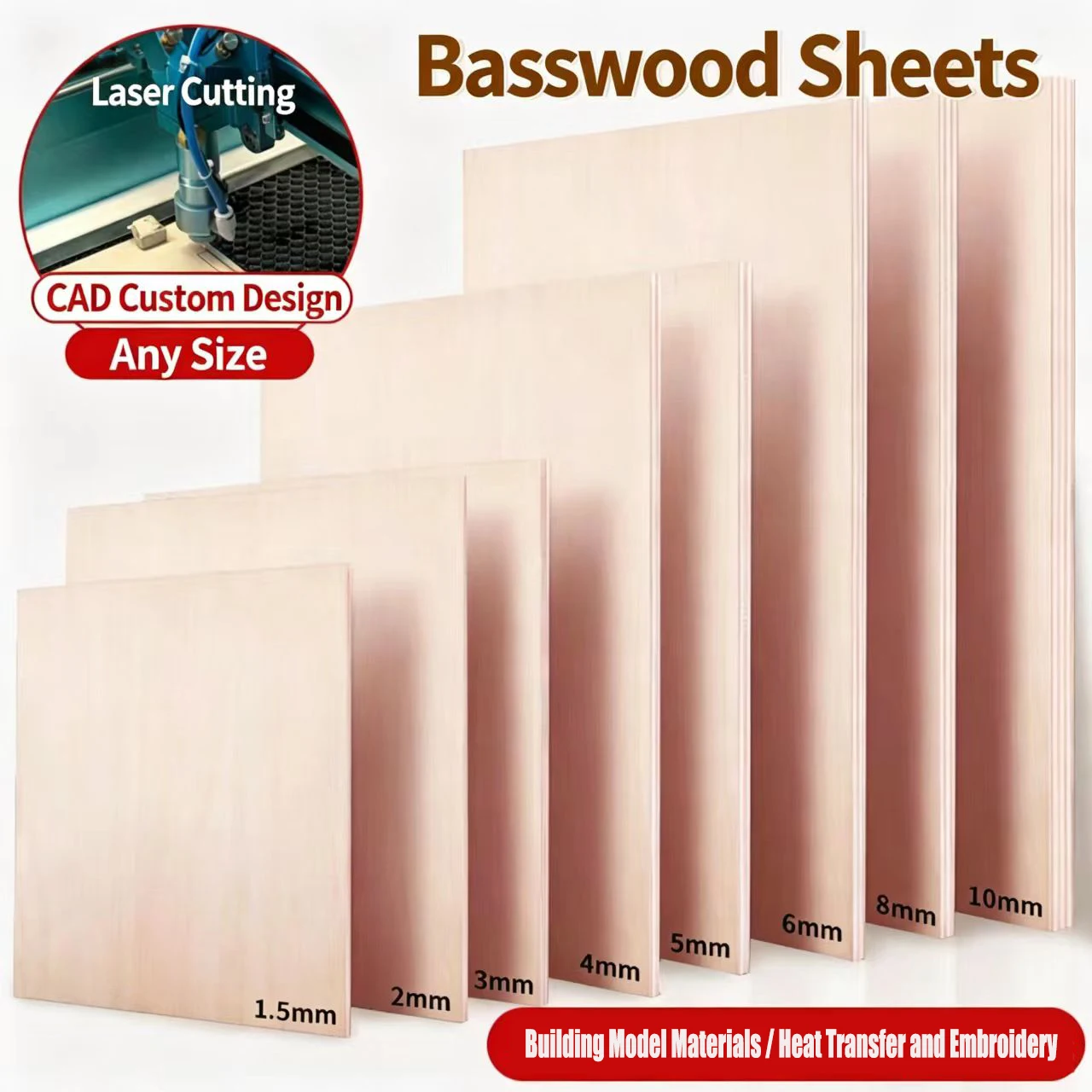 Basswood Board Thickness 1.5mm/2mm/3mm/4mm/5mm-10mm Model Craft Sheet Material for DIY Model Building Carving Part Accessories