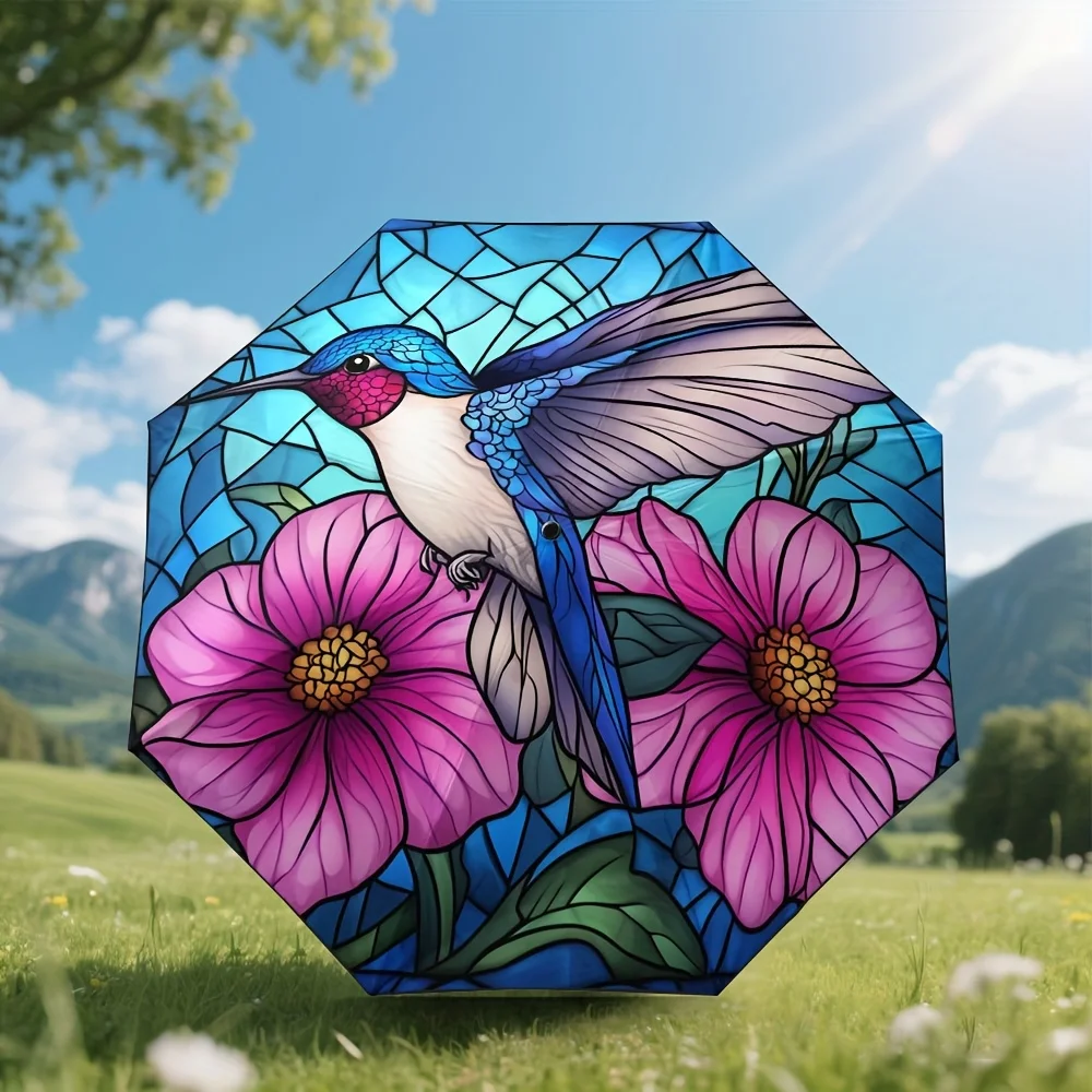 

Автоматический зонт с принтом в стиле витражной живописи с изображением колибри и гибискуса - компактный дорожный зонт с автоматическим открыванием для мужчин и женщин (1 шт.)