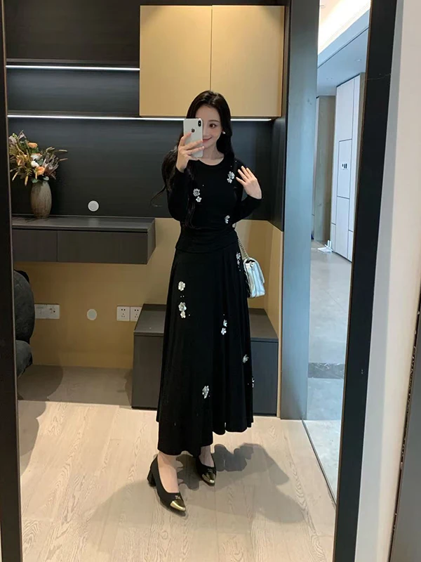 

Комплект XIN Heareat: осенне-зимний повседневный костюм из топа с длинным рукавом и юбки с бисером ручной работы, с завышенной талией, для женщин, стройнящий силуэт