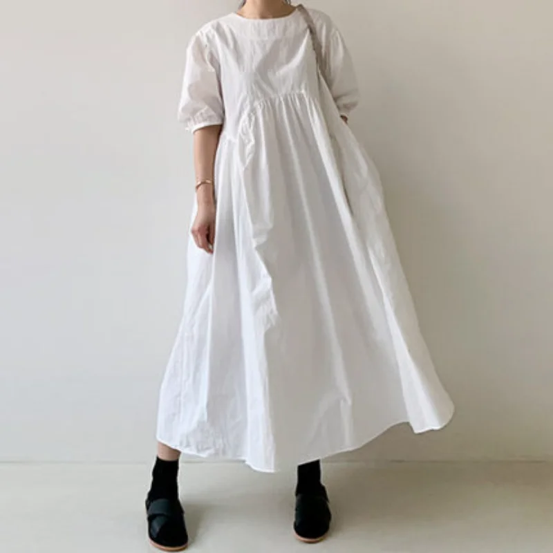 Summer new bubble sleeves loose large size high waist knee long wrinkled doll version dress women