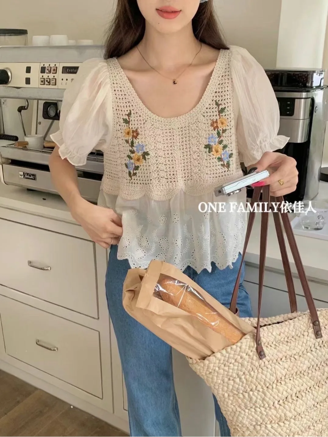 Bluzka na ramiączkach z haftem kwiatowym, szydełkowa, z ażurową koronką, bufiaste rękawy, top typu babydoll, damski, młodzieżowy, letni, fairycore, cottagecore, strój