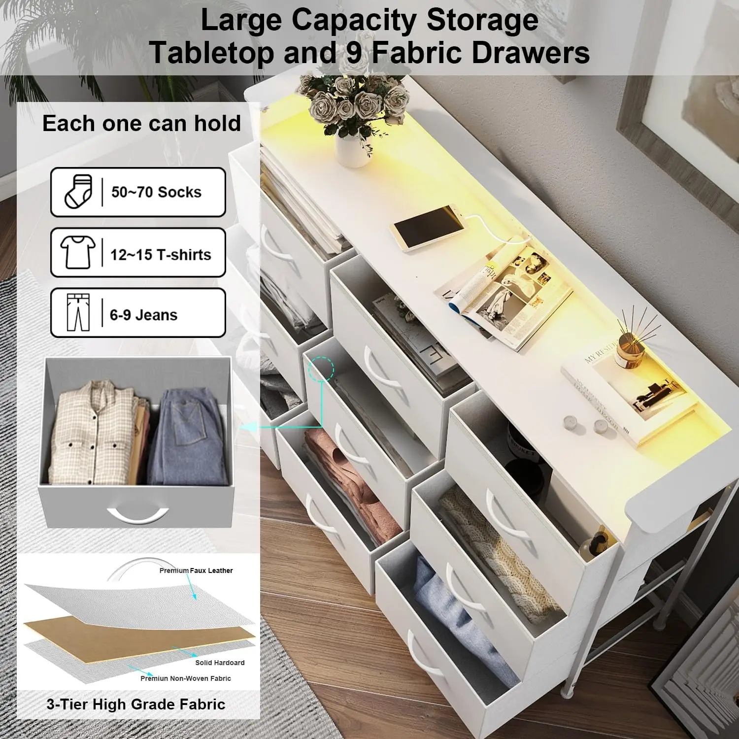 White Dresser with LED Light for Bedroom 9 Drawer Dressers with Charging Station Chests of Drawers for Entryway Closet Living Ro