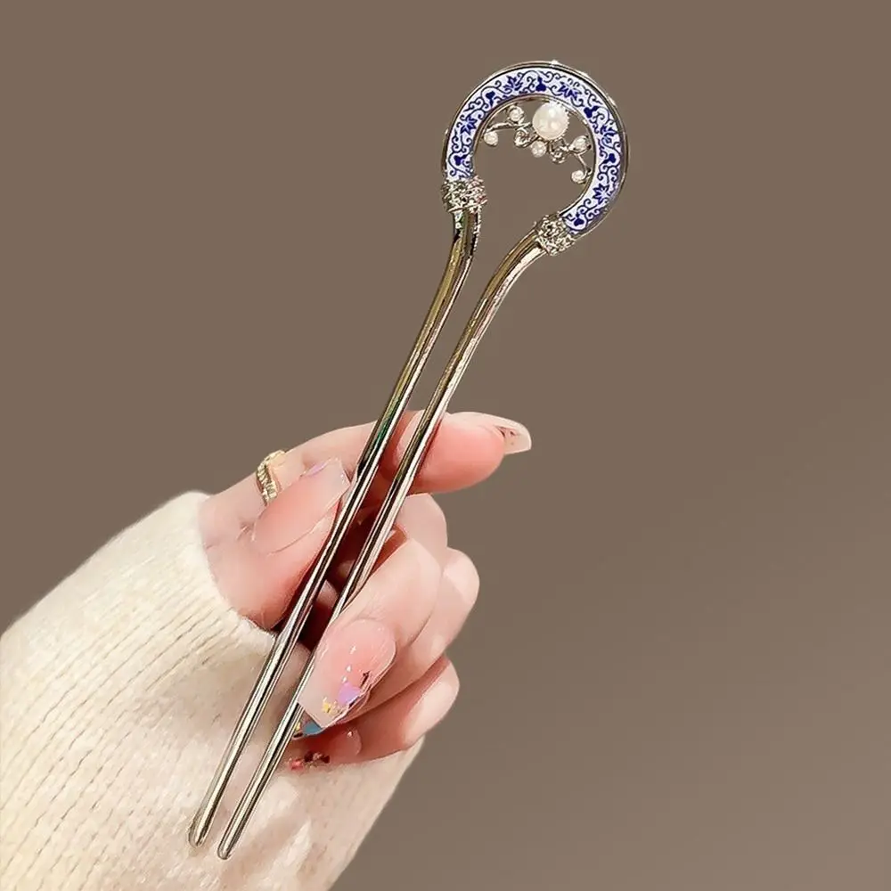 Cute Pearl Metal U Shape Hair Stick U-shaped Hollow Hanfu Hairpin Hair Accessories Hair Chopstick for Women