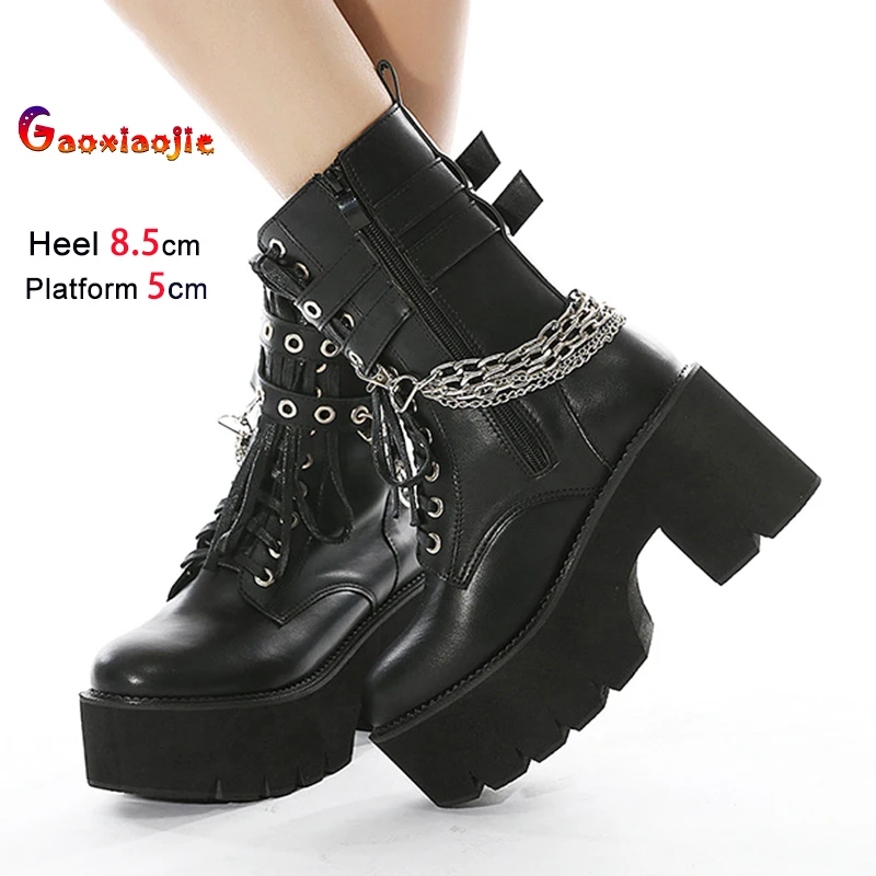 

Новинка 2023 года, ботинки на платформе в готическом стиле, женские ботинки до середины икры для косплея, осенне-зимняя женская мотоциклетная обувь на массивном каблуке 8,5 см с цепочкой