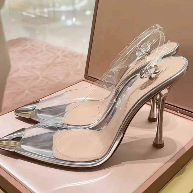 Spring and summer new metal pointed toe transparent PVC stitching single shoes banquet dress thin high-heeled women's sandals