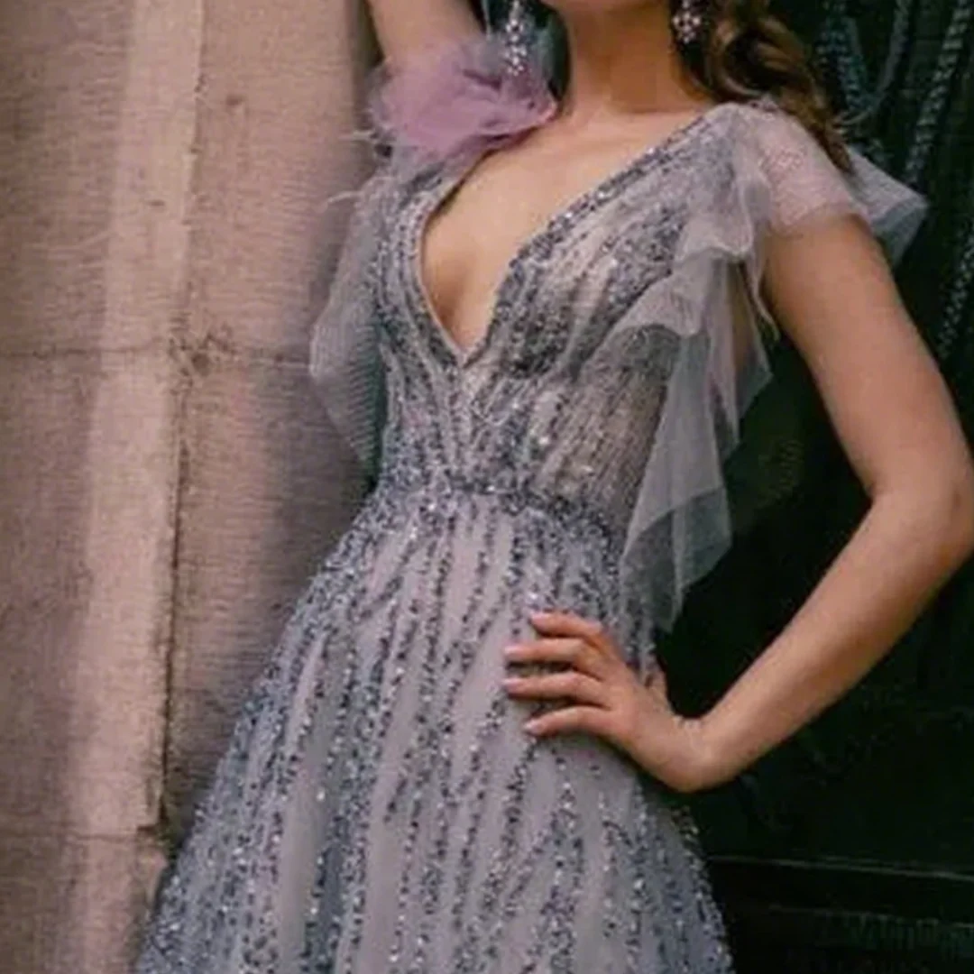 Sexy cuello en V mangas cortas tren de barrido vestidos de noche una línea vestido para ocasiones especiales encaje lentejuelas cuentas vestidos de fiesta por encargo