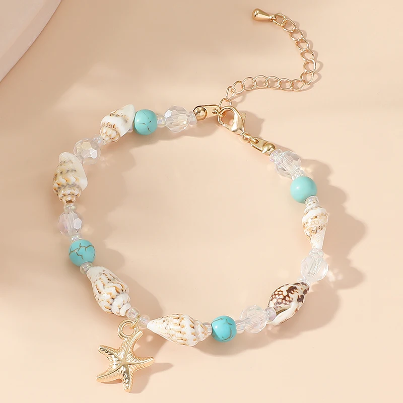 

Starfish Bracelet Bohemian Women Beach Conch Rice Pearl Turquoise Necklace Pendant Shell Crystal Beads Jewelry Fashion Anklet