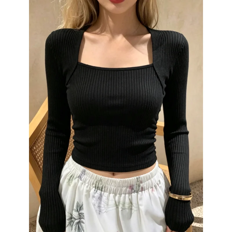 New Autumn and Winter French Coquette Women Square Neck Ribbed Knit Top, Slim‑Fit Long Sleeve Stretchy Layering Blouse