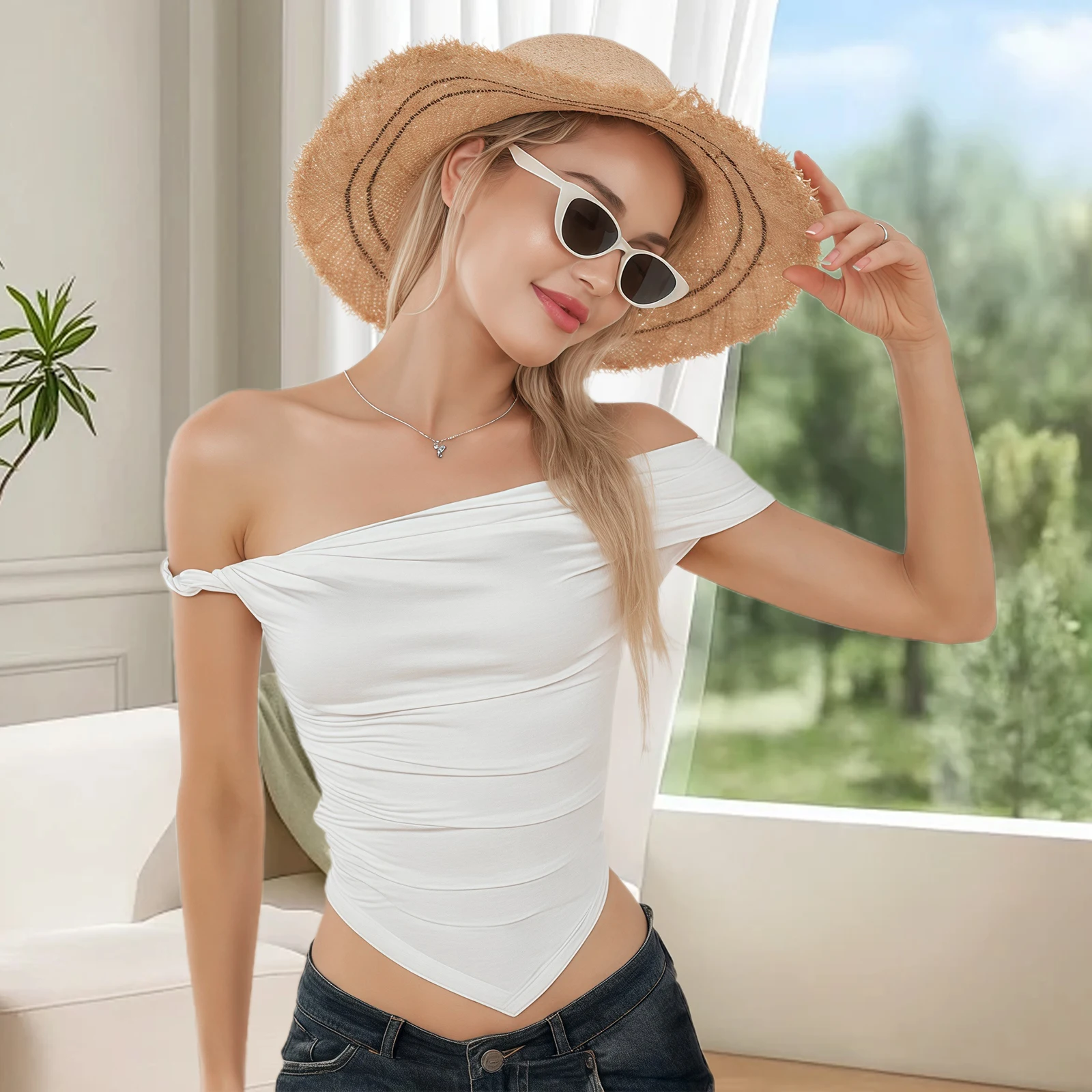 

Women Ruched Off Shoulder Tops Slim Solid Color Short Sleeve Asymmetrical T-shirts Casual Summer Streetwear