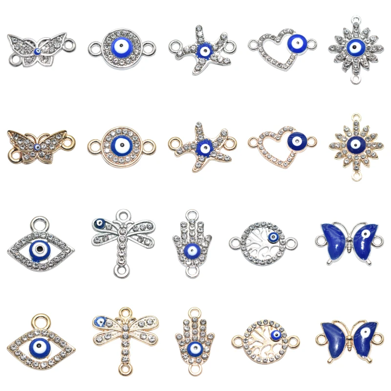 10pcs Mixed Evil Eye Enamel Charms With Rhinestones Alloy Metal Connector Pendants For DIY Bracelet Necklace Jewelry Making
