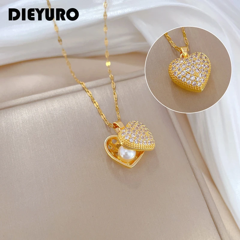 DIEYURO 316L Stainless Steel Creative Heart Pearl Pendant Necklace For Women Girl Fashion Clavicle Chain Choker Jewelry Gift