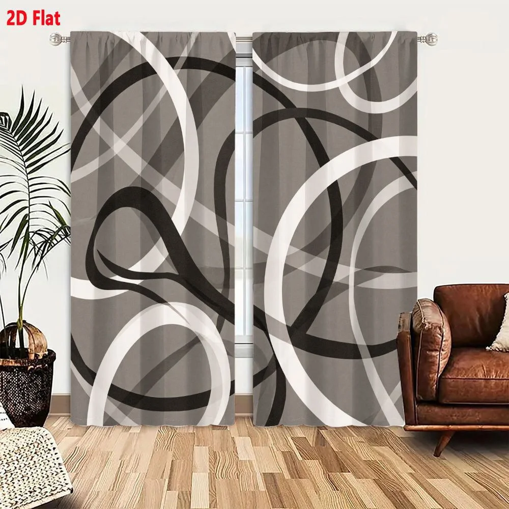 2Pcs Curtains 2D Flat Abstract Interwoven Curved Lines Black And White Light Gray Background Organic Dynamic Pattern With Loops