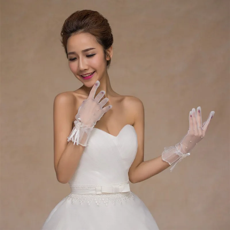 Sposa Tulle accessori donna bianco avorio lunghezza del polso guanti dita intere con perle per accessori per feste a casa