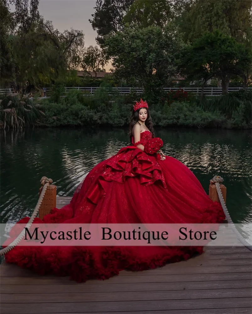 Luxury Red Tulle Tiered Ruffle Quinceanera Dress 2024 Bow Appliques Beads Sweet 16 Dress Court Train Ball Gown Vestido De 15