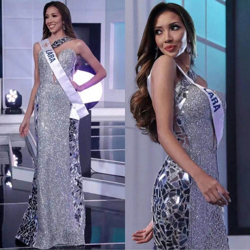 فستان سهرة مزين بالترتر اللامع فضي بكتف واحد مزين بالترتر بحاشية غير متماثلة بدون أكمام بدون ظهر فساتين ضيقة فساتين كوكتيل #1