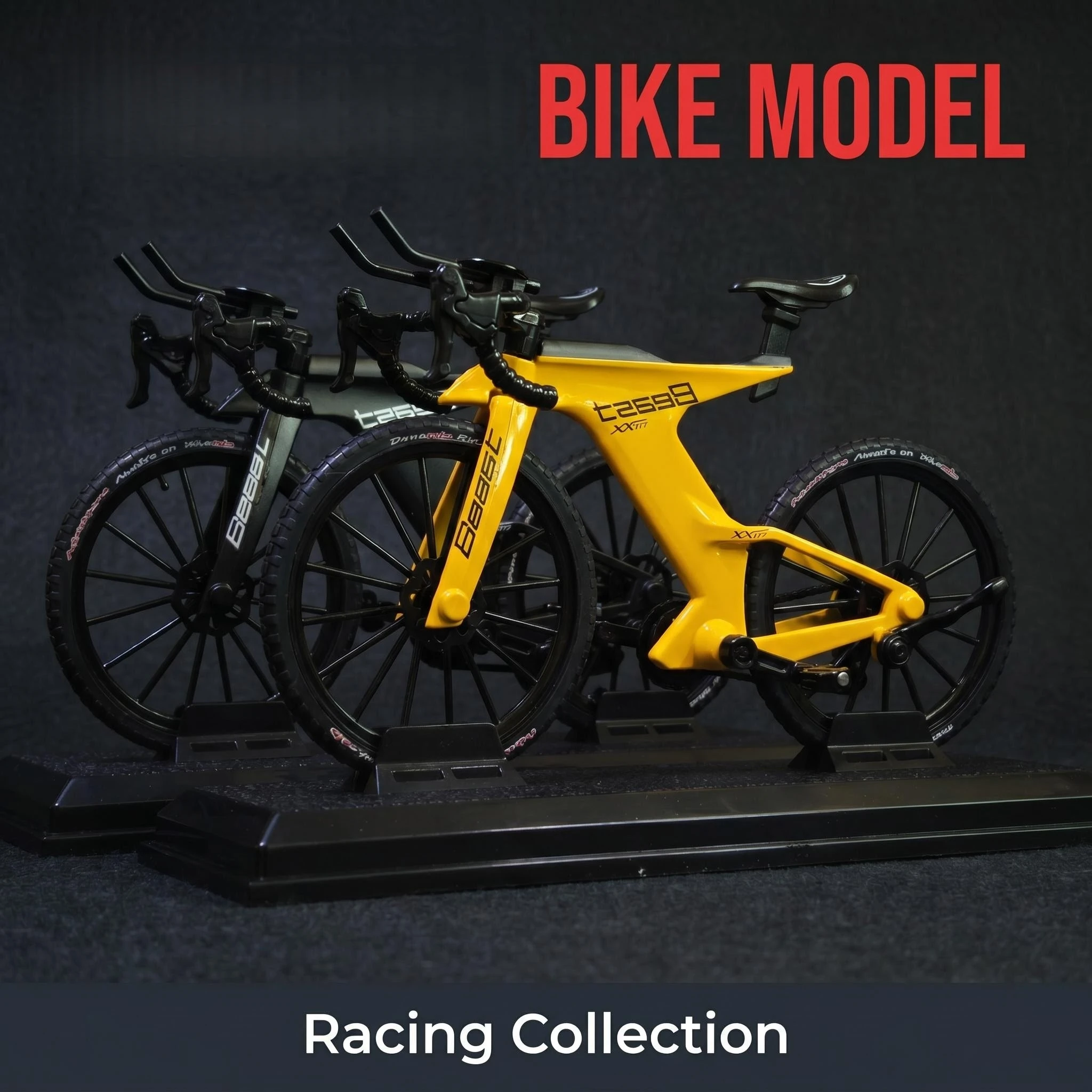 

Miniature racing bicycle model, mini road bike collectible, with integrated stable display base, available in 2 colors. Suitable