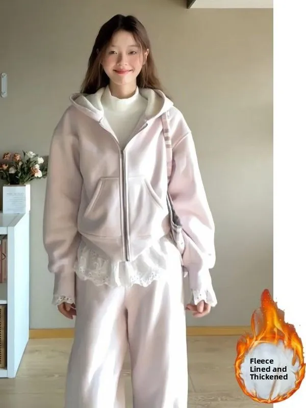 

Korean Style Casual Hooded Thickened Fleece Women's Set Long Pants Two-Piece Suite Slimming Lazy Style Cotton High Waist