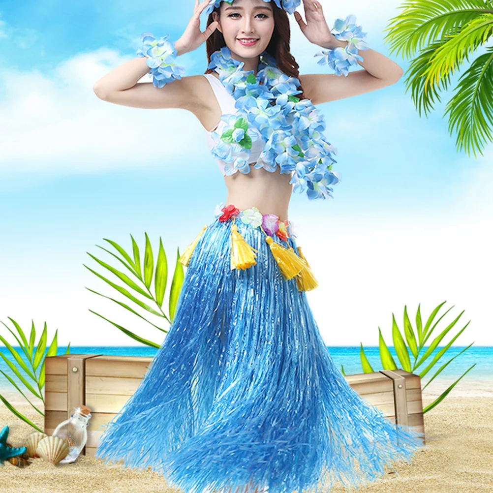 1Set Premium Hula Skirt Set with Bright Flower Garland Hawaii Theme Costume for Wedding Party Beach Event Photo Prop