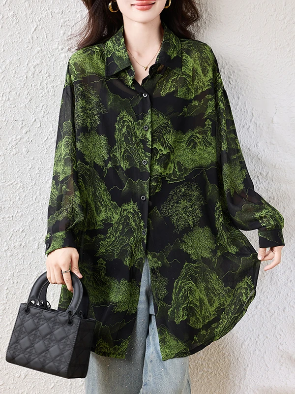 

Ele Printed Chiffon irt Women's Loose Slimming Top Early Autumn New Sle European Size Large Casual Wind Resistant