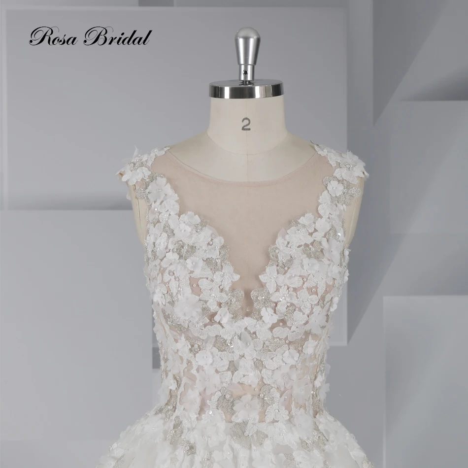 V-Neck Lace Applique 3D Flower Wedding Dress