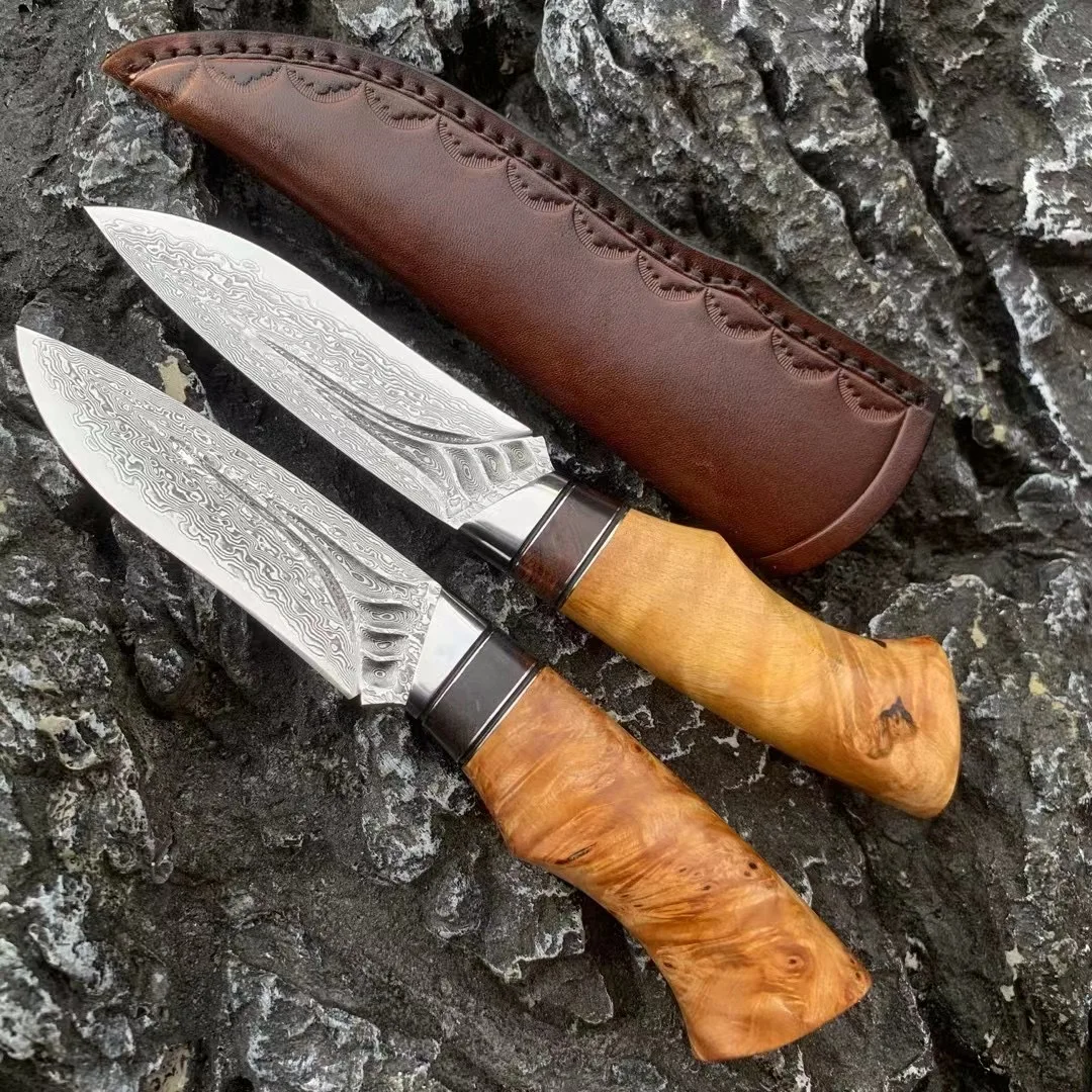 VG10 Damascus Steel Fixed Blade Knife Wooden Handle Outdoor Camping Hunting Knifes Survival Hand Tool With Leather Case