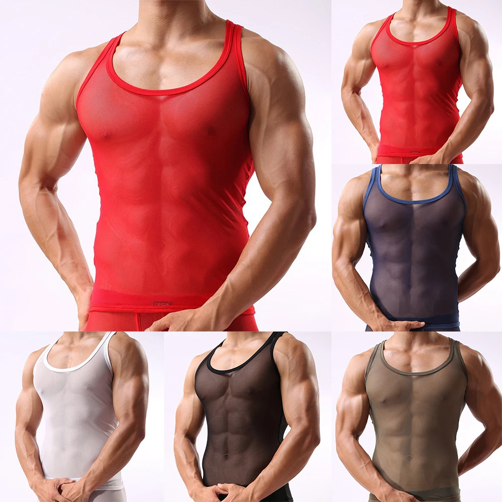 보디 빌딩 Sheer Fishnet Tee Fishnet Singlet Top Men See Through Tank 매끄러운 쉬어 디자인 세련된 캐주얼웨어