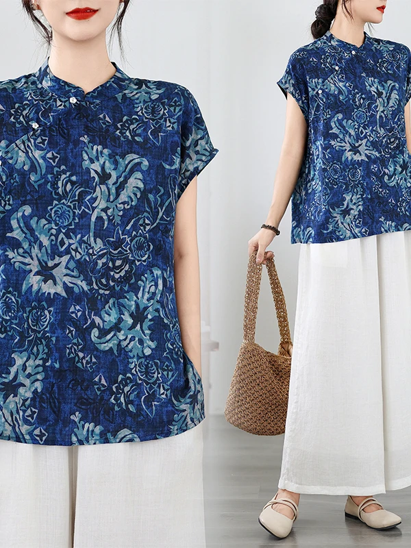 Gaun Kerja Wanita Model Kerah Tegak, Bahan Porselen Biru Putih Musim Panas, Gaya Cina Modern, Slim Fit, Serbaguna, Elegan, Cocok untuk Kerja...