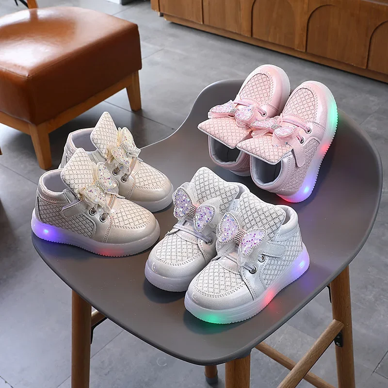 Children LED Shoes Fashion Bow Luminesce Girls Sneakers 2024 Autumn New Glowing Princess Kids Casual Shoes Breathable Board Shoe