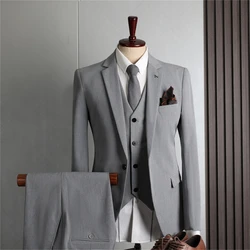 Casual One Button Suit Set Mens Solid Grey Slim Fit Suits Men's Three Pieces Tuxedo Pants, Blazer, Vest Pants Set Plus Size Suit