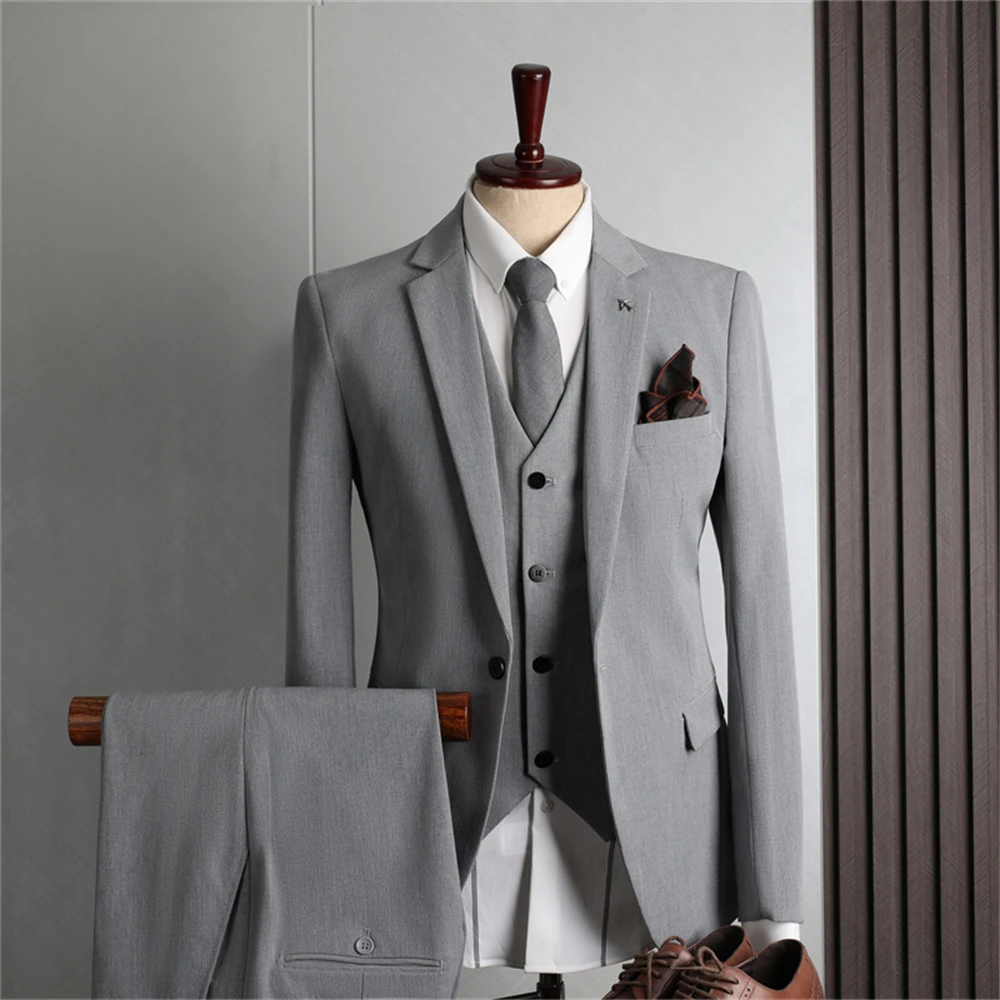 Men's Casual One Button Suit Set, Solid Grey, Slim Fit Suits, Men's 3 Pieces Tuxedo, Blazer, Vest Pants Set, Plus Size Suit