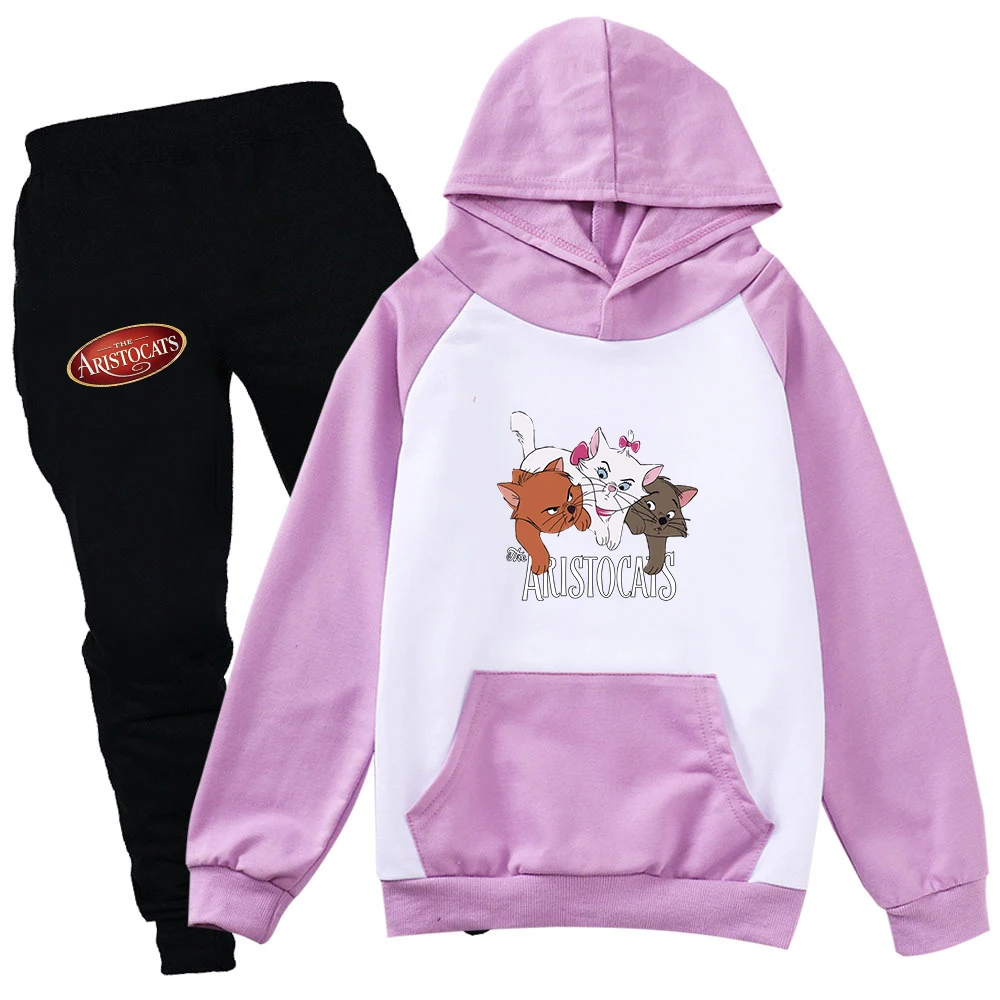 The Aristocats Marie Cat Boy Girl Casual Thin Hoodies Black Pants Kids Sportswear Suits Children Outerwear Clothing Sets